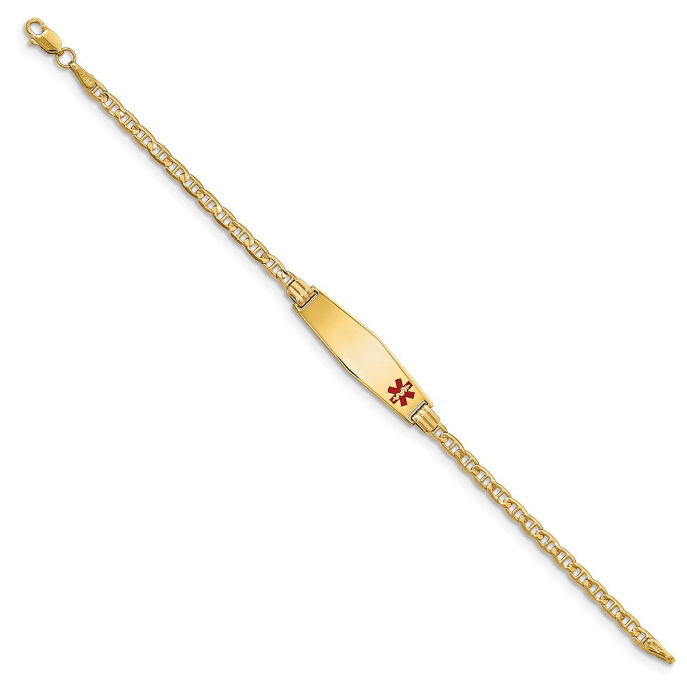 14K Yellow Gold Medical Solid Chain/Solid Plate 26X7mm Soft Diamond Shape Off Center Red Enamel Anchor Link 7 Inch Id Bracelet