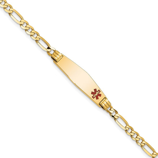 14K Yellow Gold Medical Solid Chain/Solid Plate 26X7mm Soft Diamond Shape Off Center Red Enamel Figaro Link 8 Inch Id Bracelet
