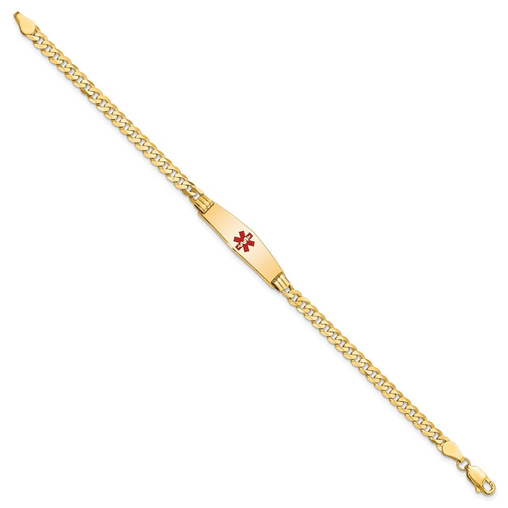 14K Yellow Gold Medical Solid Chain/Solid Plate 24X7mm Soft Diamond Shape Centered Red Enamel Curb Link 8 Inch Id Bracelet