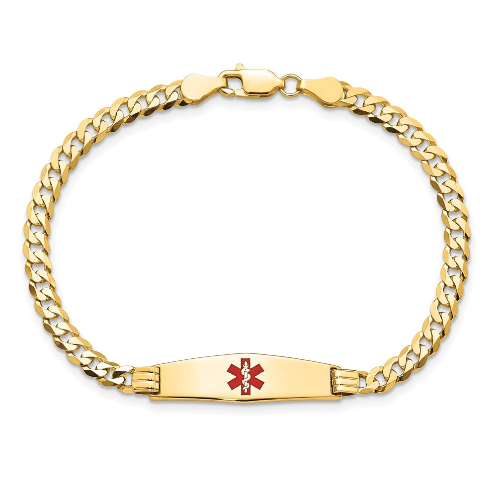 14K Yellow Gold Medical Solid Chain/Solid Plate 24X7mm Soft Diamond Shape Centered Red Enamel Curb Link 8 Inch Id Bracelet