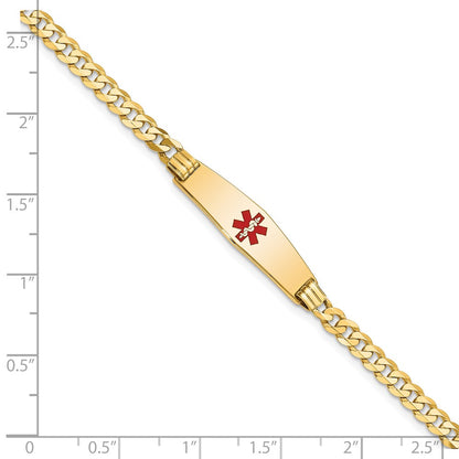 14K Yellow Gold Medical Solid Chain/Solid Plate 24X7mm Soft Diamond Shape Centered Red Enamel Curb Link 8 Inch Id Bracelet