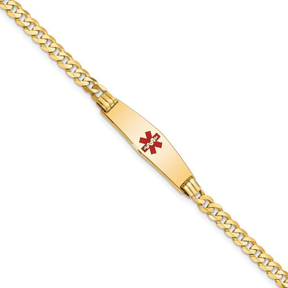 14K Yellow Gold Medical Solid Chain/Solid Plate 24X7mm Soft Diamond Shape Centered Red Enamel Curb Link 7 Inch Id Bracelet