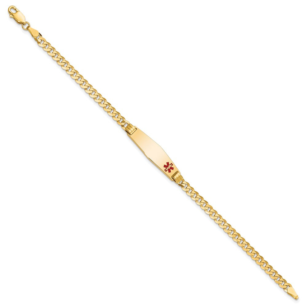 14K Yellow Gold Medical Solid Chain/Solid Plate 26X7mm Soft Diamond Shape Off Center Red Enamel Curb Link 7 Inch Id Bracelet