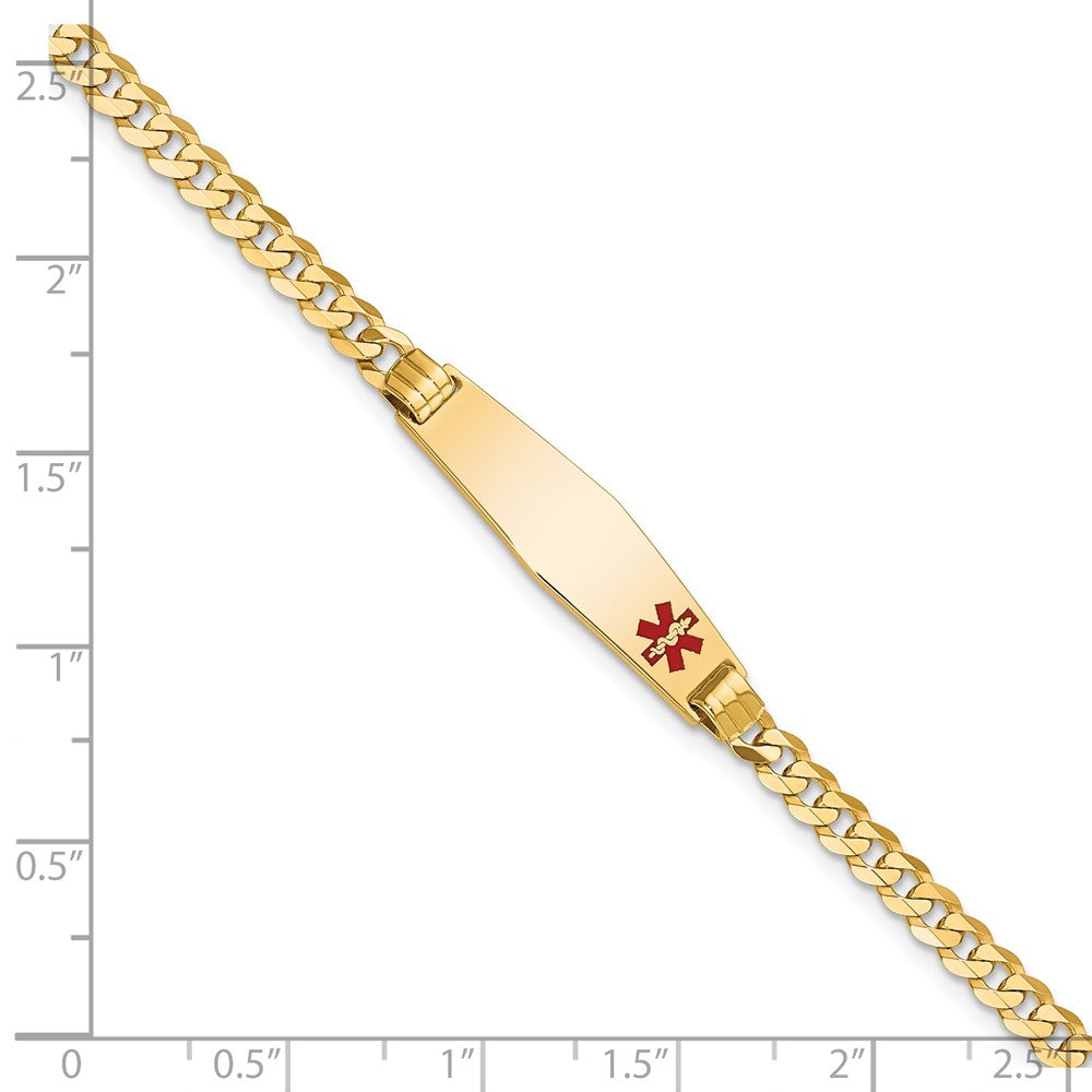 14K Yellow Gold Medical Solid Chain/Solid Plate 26X7mm Soft Diamond Shape Off Center Red Enamel Curb Link 7 Inch Id Bracelet