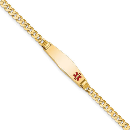 14K Yellow Gold Medical Solid Chain/Solid Plate 26X7mm Soft Diamond Shape Off Center Red Enamel Curb Link 7 Inch Id Bracelet