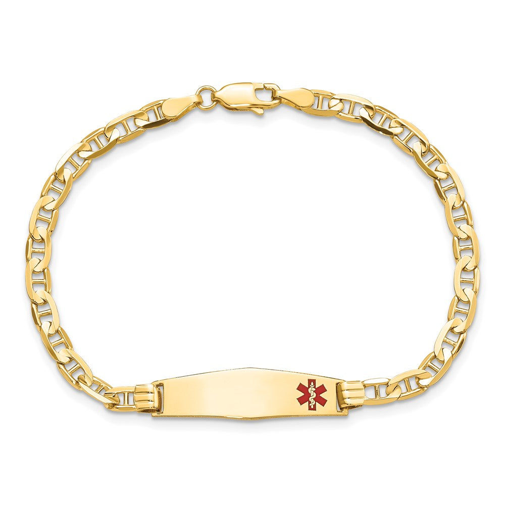 14K Yellow Gold Medical Solid Chain/Solid Plate 26X7mm Soft Diamond Shape Off Center Red Enamel Anchor Link 7 Inch Id Bracelet