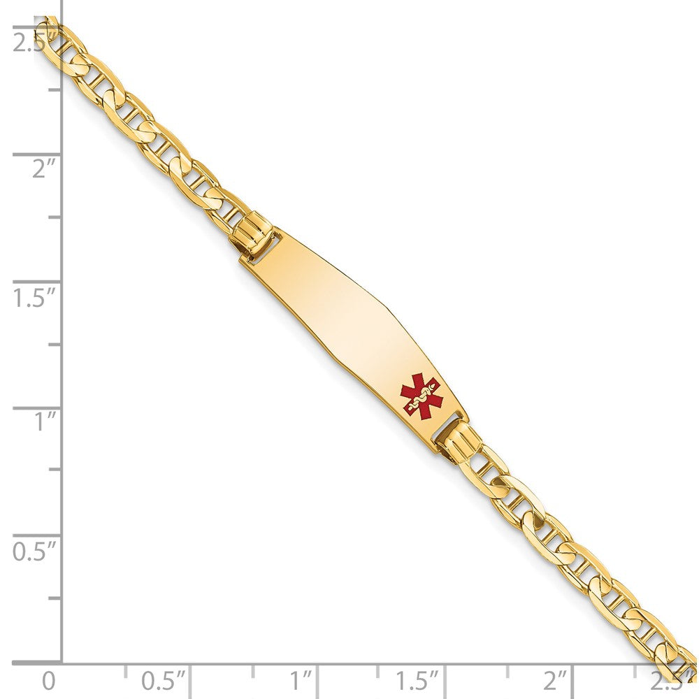14K Yellow Gold Medical Solid Chain/Solid Plate 26X7mm Soft Diamond Shape Off Center Red Enamel Anchor Link 7 Inch Id Bracelet