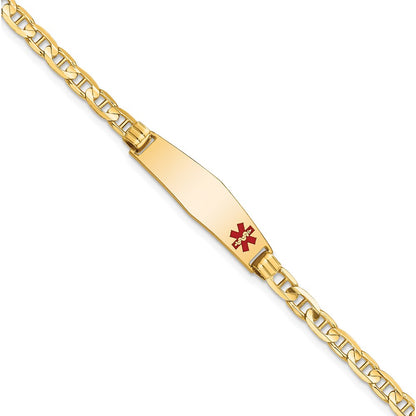 14K Yellow Gold Medical Solid Chain/Solid Plate 26X7mm Soft Diamond Shape Off Center Red Enamel Anchor Link 7 Inch Id Bracelet