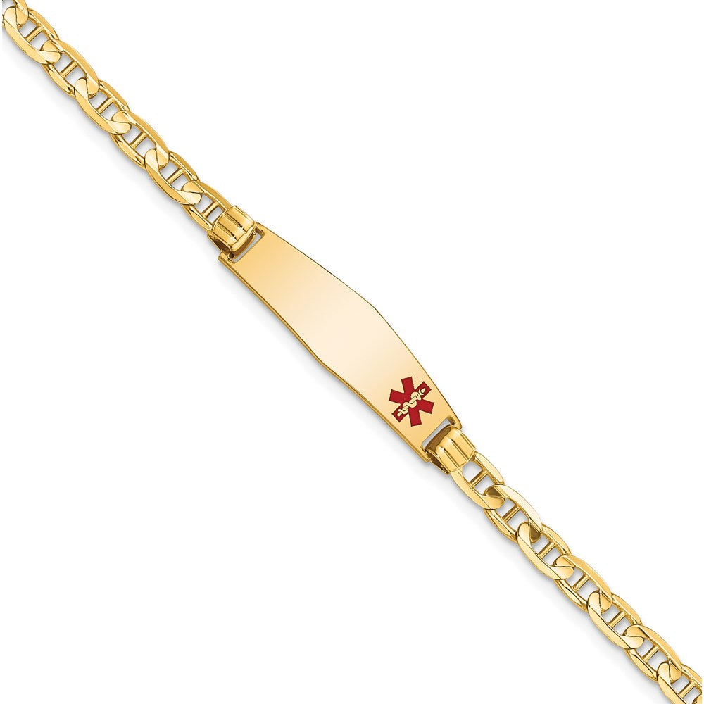 14K Yellow Gold Medical Solid Chain/Solid Plate 26X7mm Soft Diamond Shape Off Center Red Enamel Anchor Link 8 Inch Id Bracelet