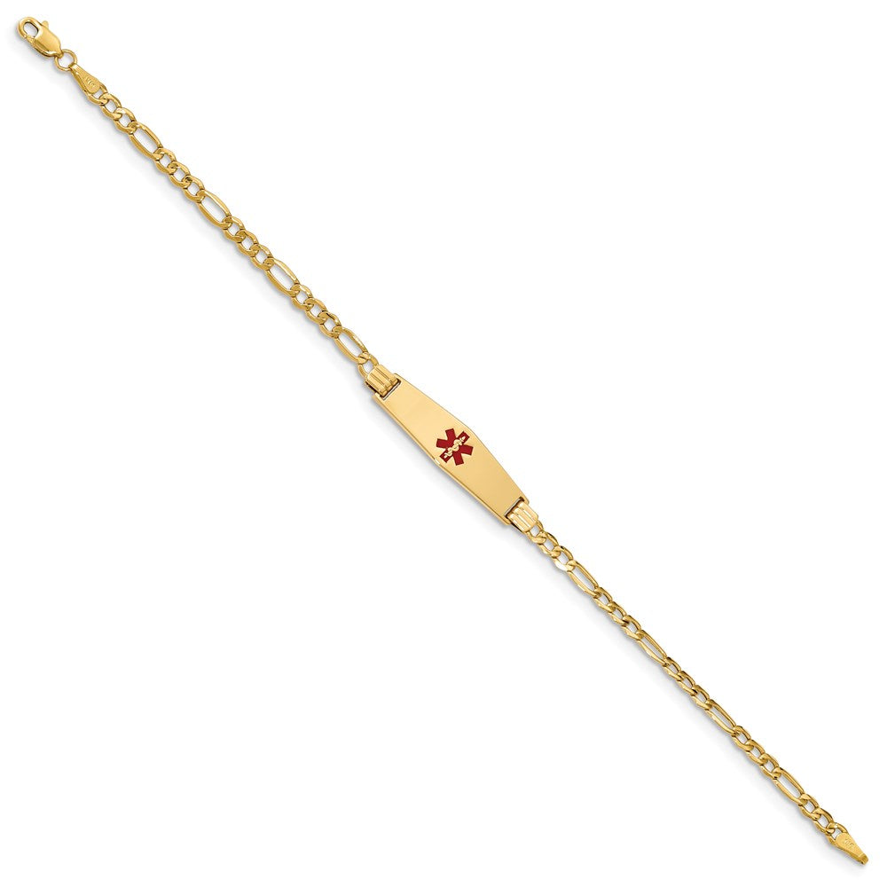 14K Yellow Gold Medical Semi Solid Chain/Solid Plate 26X7mm Soft Diamond Shape Centered Red Enamel Figaro Link 7 Inch Id Bracelet