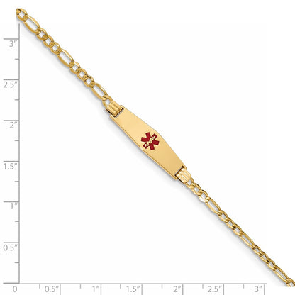 14K Yellow Gold Medical Semi Solid Chain/Solid Plate 26X7mm Soft Diamond Shape Centered Red Enamel Figaro Link 7 Inch Id Bracelet