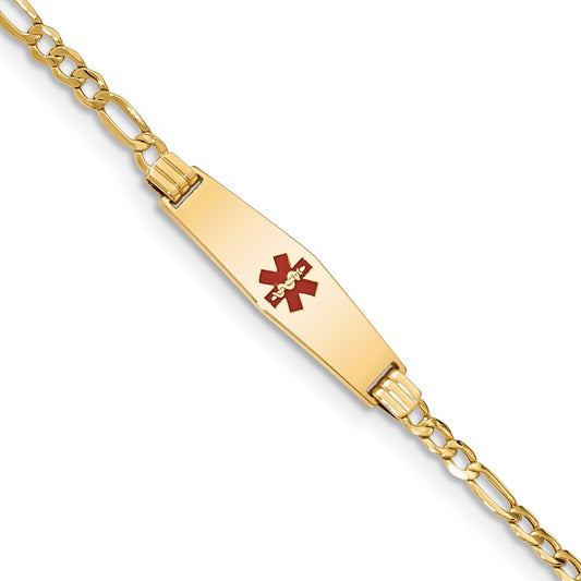 14K Yellow Gold Medical Semi Solid Chain/Solid Plate 26X7mm Soft Diamond Shape Centered Red Enamel Figaro Link 8 Inch Id Bracelet