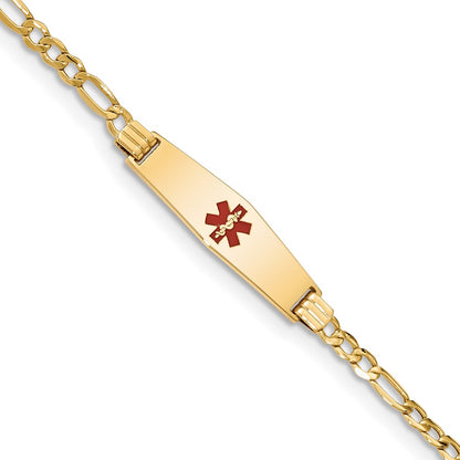 14K Yellow Gold Medical Semi Solid Chain/Solid Plate 26X7mm Soft Diamond Shape Centered Red Enamel Figaro Link 7 Inch Id Bracelet