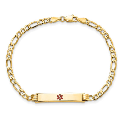 14K Yellow Gold Medical Semi Solid Chain/Solid Plate 26X5mm Centered Red Enamel Figaro Link 7 Inch Id Bracelet