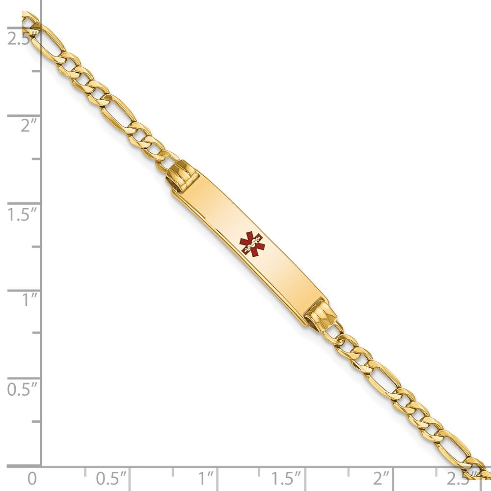 14K Yellow Gold Medical Semi Solid Chain/Solid Plate 26X5mm Centered Red Enamel Figaro Link 7 Inch Id Bracelet