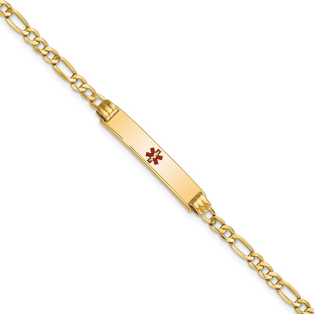 14K Yellow Gold Medical Semi Solid Chain/Solid Plate 26X5mm Centered Red Enamel Figaro Link 7 Inch Id Bracelet