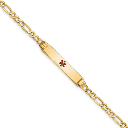 14K Yellow Gold Medical Semi Solid Chain/Solid Plate 26X5mm Centered Red Enamel Figaro Link 7 Inch Id Bracelet