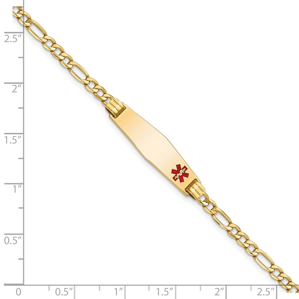 14K Yellow Gold Medical Semi Solid Chain/Solid Plate 26X7mm Soft Diamond Shape Off Center Red Enamel Figaro Link 8 Inch Id Bracelet