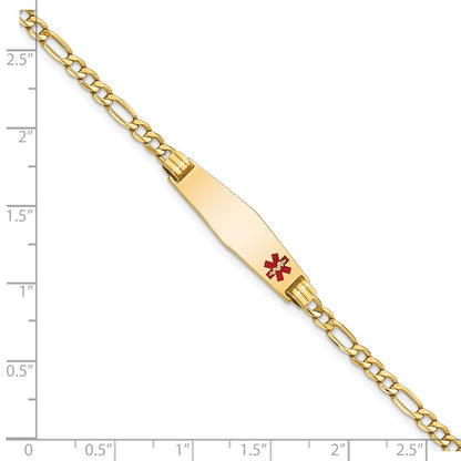 14K Yellow Gold Medical Semi Solid Chain/Solid Plate 26X7mm Soft Diamond Shape Off Center Red Enamel Figaro Link 8 Inch Id Bracelet