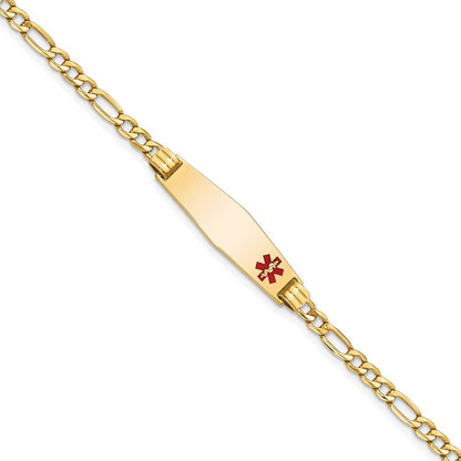 14K Yellow Gold Medical Semi Solid Chain/Solid Plate 26X7mm Soft Diamond Shape Off Center Red Enamel Figaro Link 8 Inch Id Bracelet