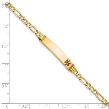 14K Yellow Gold Medical Semi Solid Chain/Solid Plate 26X5mm Off Center Red Enamel Figaro Link 7 Inch Id Bracelet