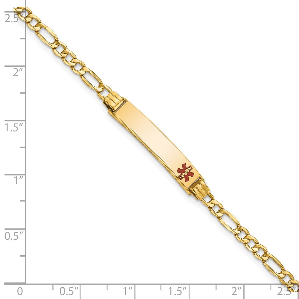 14K Yellow Gold Medical Semi Solid Chain/Solid Plate 26X5mm Off Center Red Enamel Figaro Link 8 Inch Id Bracelet