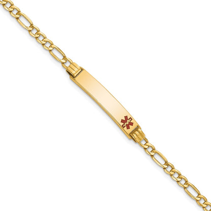 14K Yellow Gold Medical Semi Solid Chain/Solid Plate 26X5mm Off Center Red Enamel Figaro Link 7 Inch Id Bracelet