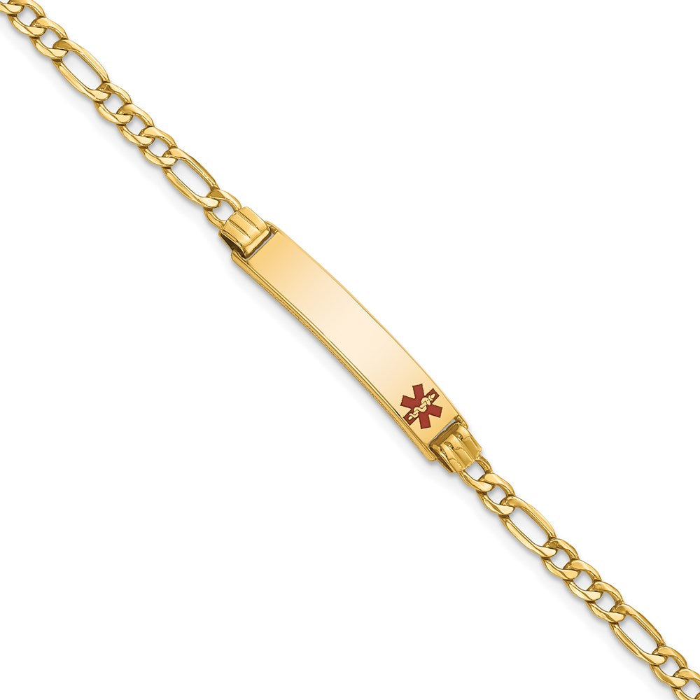 14K Yellow Gold Medical Semi Solid Chain/Solid Plate 26X5mm Off Center Red Enamel Figaro Link 8 Inch Id Bracelet