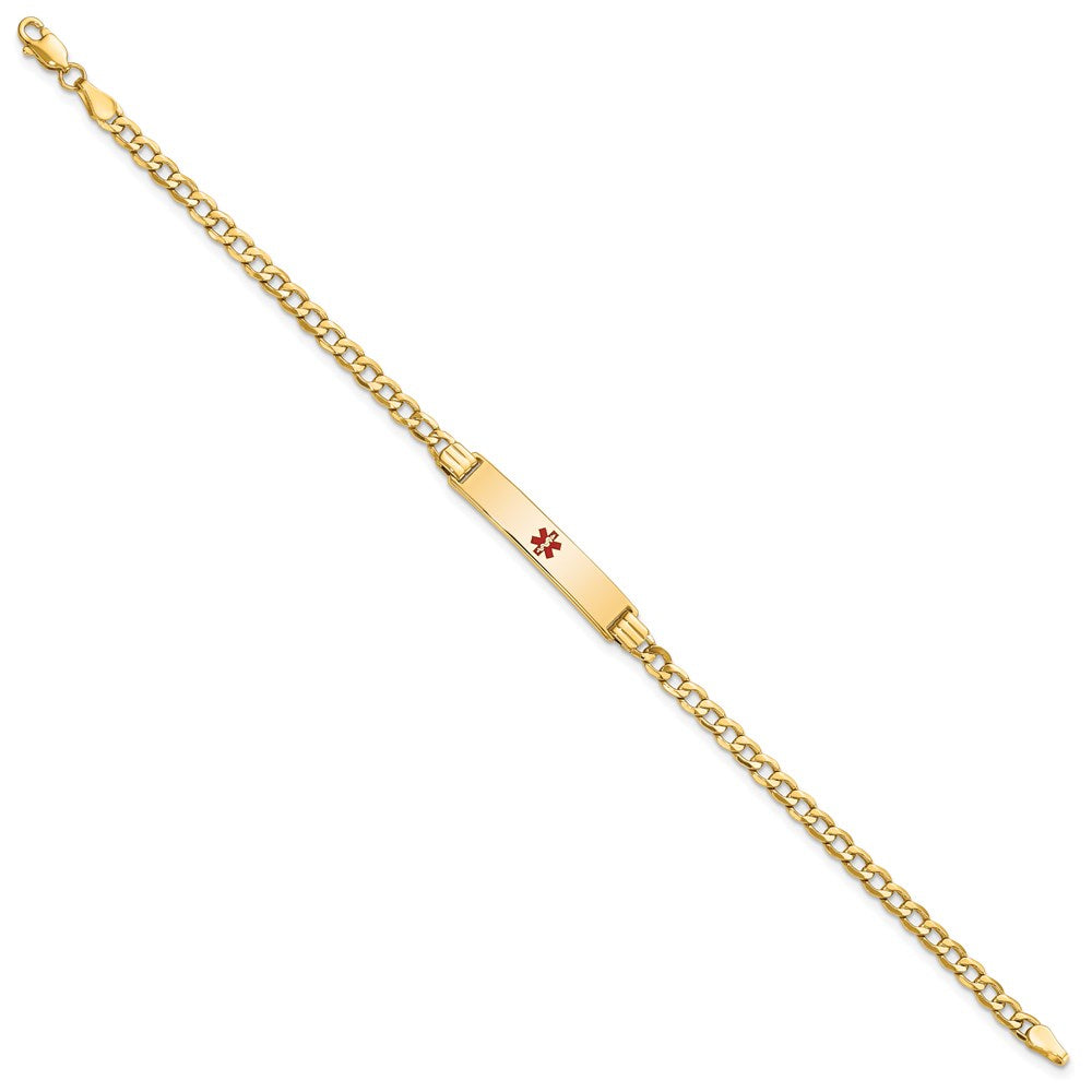 14K Yellow Gold Medical Semi Solid Chain/Solid Plate 26X5mm Centered Red Enamel Cuban Link 8 Inch Id Bracelet