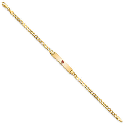14K Yellow Gold Medical Semi Solid Chain/Solid Plate 26X5mm Centered Red Enamel Cuban Link 8 Inch Id Bracelet