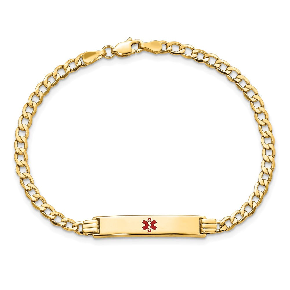 14K Yellow Gold Medical Semi Solid Chain/Solid Plate 26X5mm Centered Red Enamel Cuban Link 8 Inch Id Bracelet