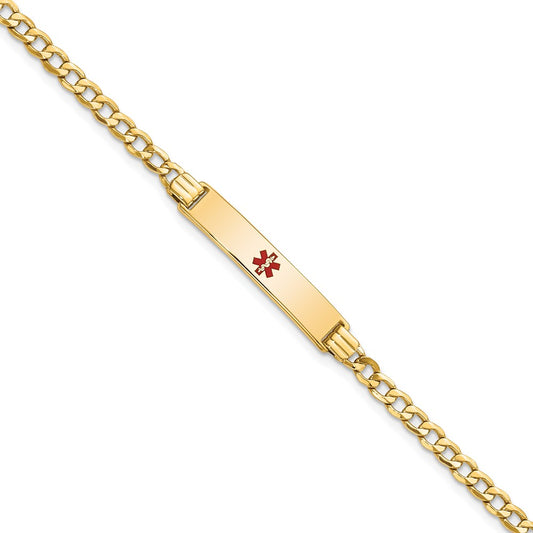 14K Yellow Gold Medical Semi Solid Chain/Solid Plate 26X5mm Centered Red Enamel Cuban Link 7 Inch Id Bracelet