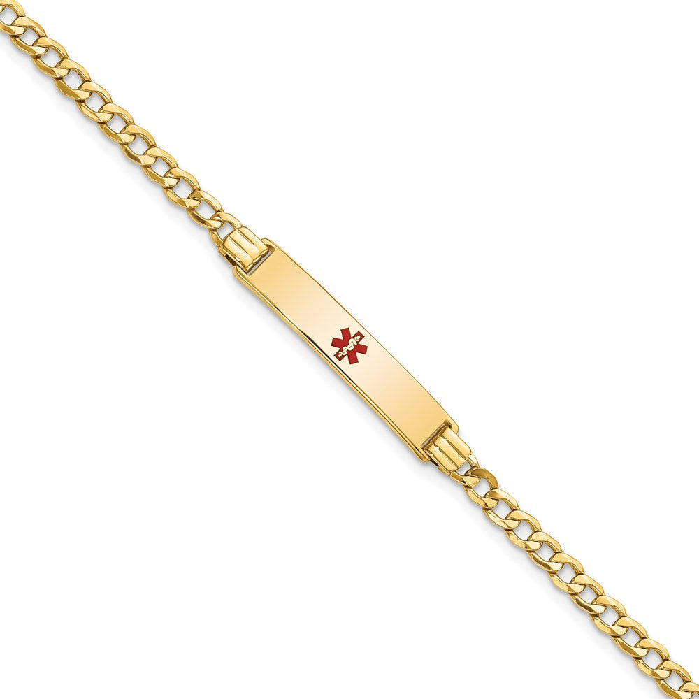 14K Yellow Gold Medical Semi Solid Chain/Solid Plate 26X5mm Centered Red Enamel Cuban Link 8 Inch Id Bracelet