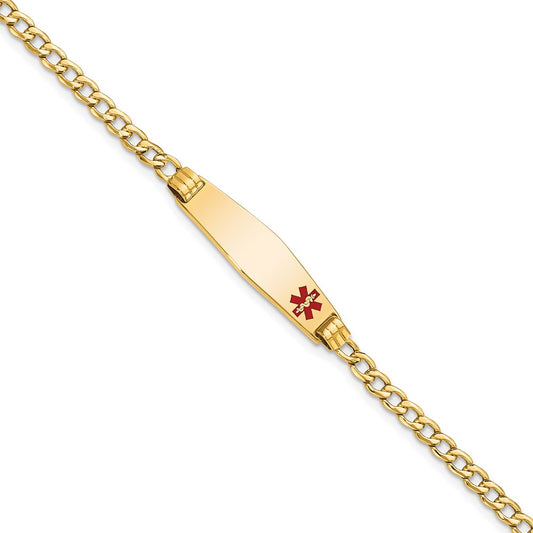 14K Yellow Gold Medical Semi Solid Chain/Solid Plate 26X7mm Soft Diamond Shape Off Center Red Enamel Cuban Link 7 Inch Id Bracelet