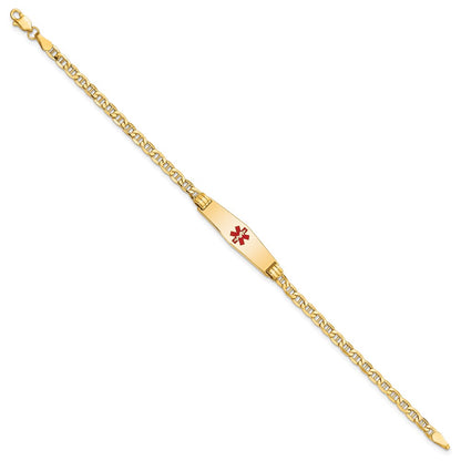 14K Yellow Gold Medical Semi Solid Chain/Solid Plate 26X7mm Soft Diamond Shape Centered Red Enamel Anchor Link 7 Inch Id Bracelet