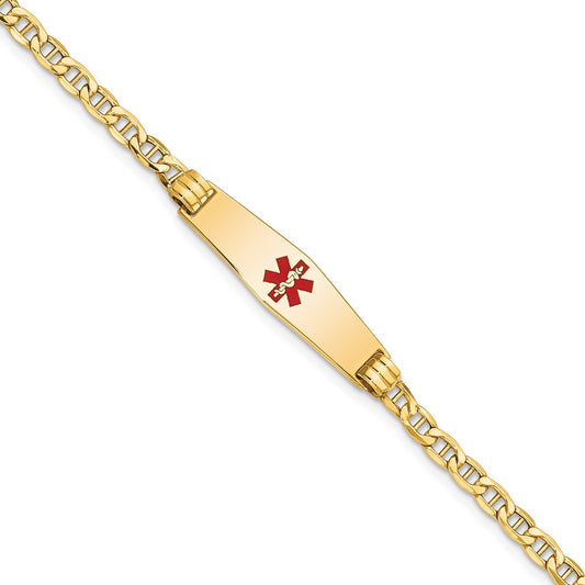 14K Yellow Gold Medical Semi Solid Chain/Solid Plate 26X7mm Soft Diamond Shape Centered Red Enamel Anchor Link 8 Inch Id Bracelet