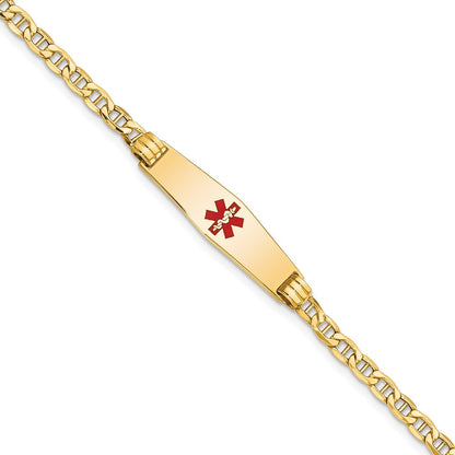 14K Yellow Gold Medical Semi Solid Chain/Solid Plate 26X7mm Soft Diamond Shape Centered Red Enamel Anchor Link 7 Inch Id Bracelet