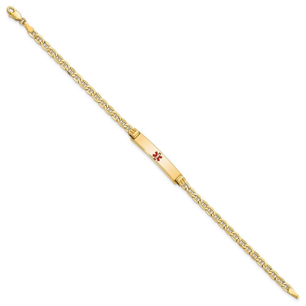 14K Yellow Gold Medical Semi Solid Chain/Solid Plate 26X5mm Centered Red Enamel Anchor Link 8 Inch Id Bracelet