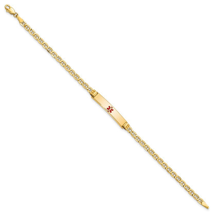 14K Yellow Gold Medical Semi Solid Chain/Solid Plate 26X5mm Centered Red Enamel Anchor Link 8 Inch Id Bracelet