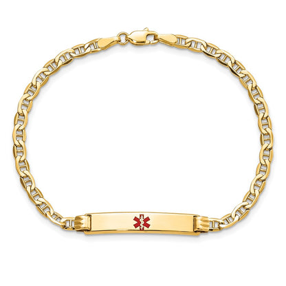 14K Yellow Gold Medical Semi Solid Chain/Solid Plate 26X5mm Centered Red Enamel Anchor Link 8 Inch Id Bracelet