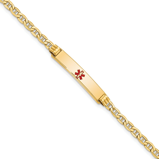 14K Yellow Gold Medical Semi Solid Chain/Solid Plate 26X5mm Centered Red Enamel Anchor Link 7 Inch Id Bracelet