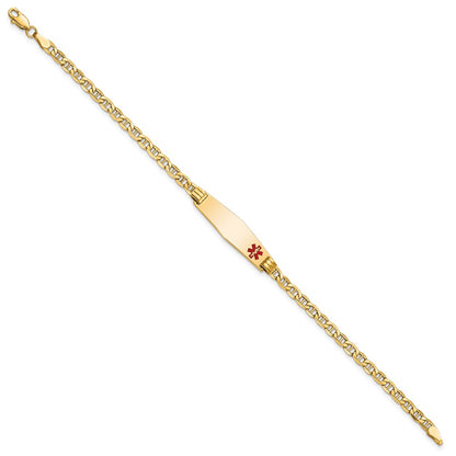 14K Yellow Gold Medical Semi Solid Chain/Solid Plate 26X7mm Soft Diamond Shape Off Center Red Enamel Anchor Link 8 Inch Id Bracelet
