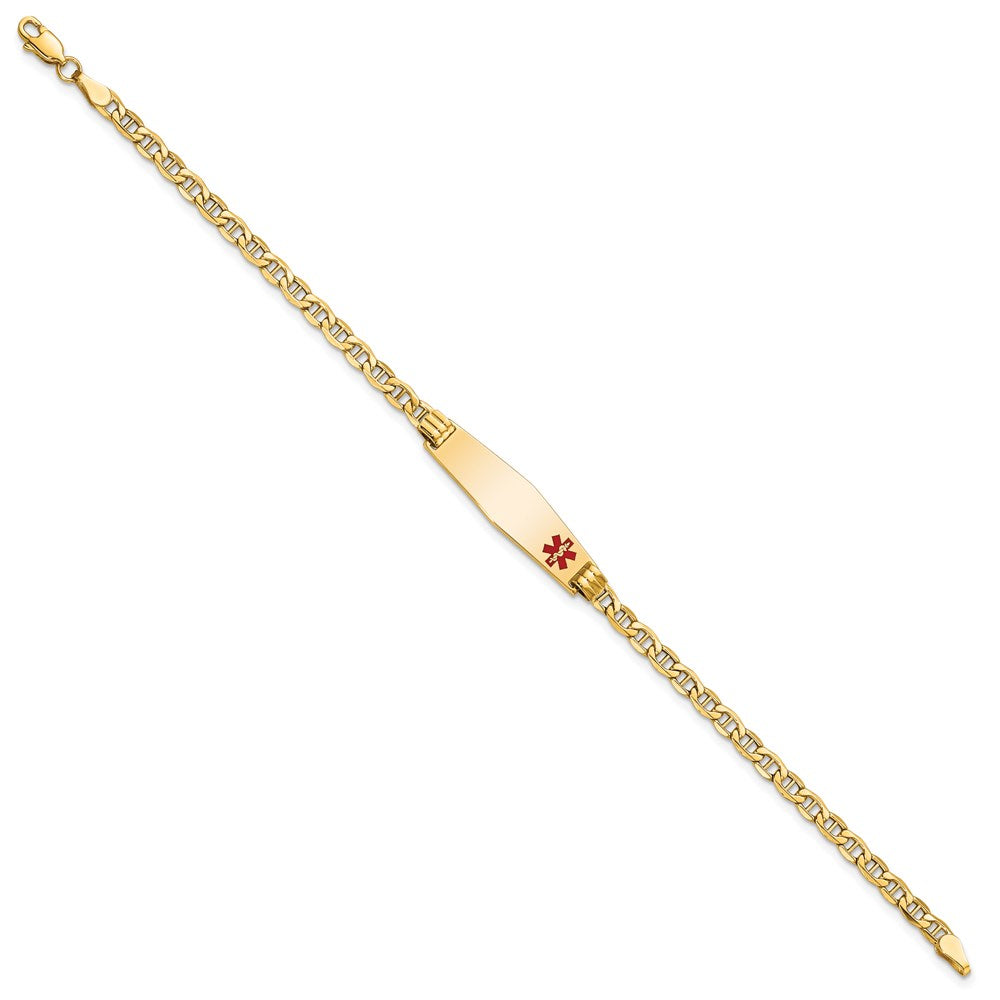 14K Yellow Gold Medical Semi Solid Chain/Solid Plate 26X7mm Soft Diamond Shape Off Center Red Enamel Anchor Link 7 Inch Id Bracelet