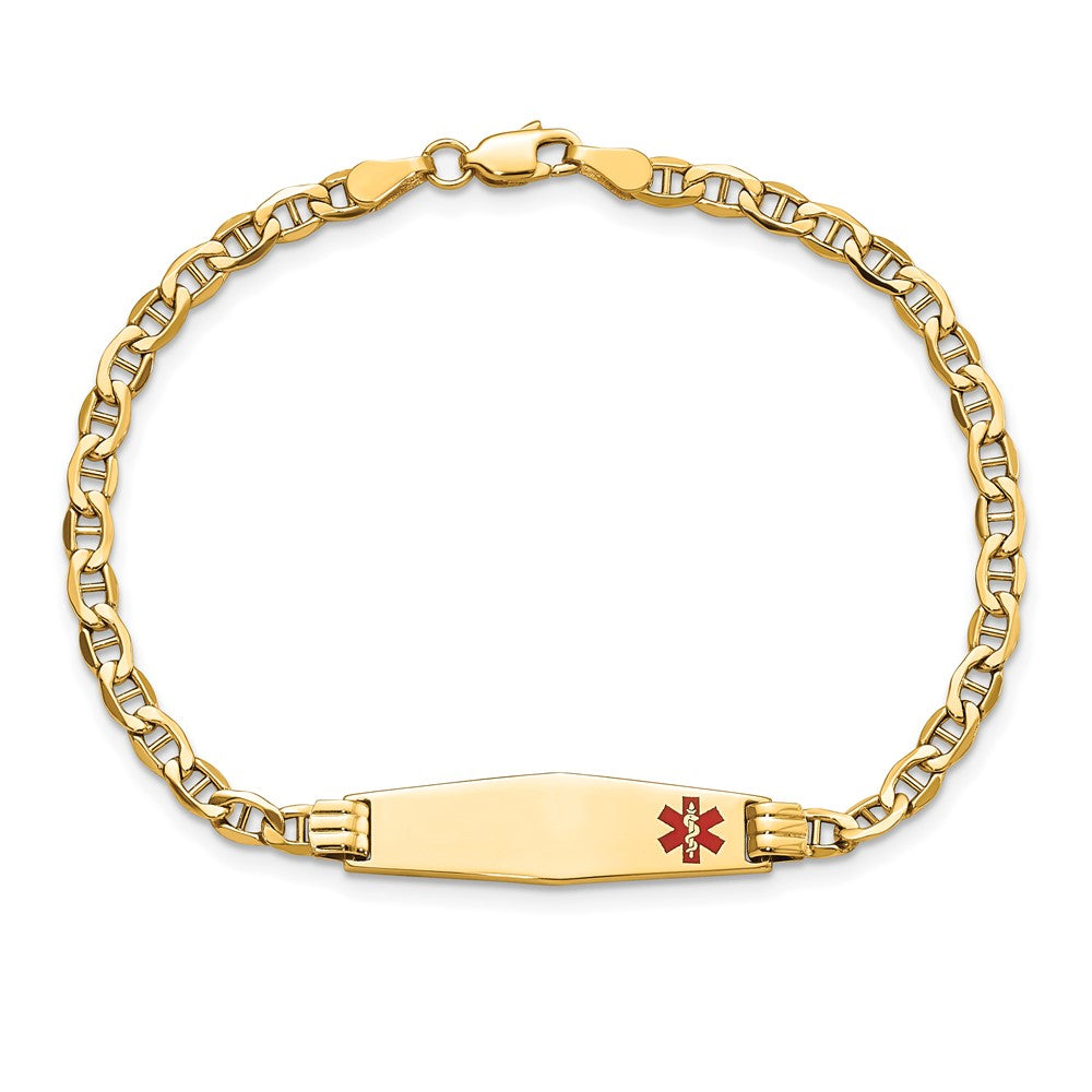 14K Yellow Gold Medical Semi Solid Chain/Solid Plate 26X7mm Soft Diamond Shape Off Center Red Enamel Anchor Link 8 Inch Id Bracelet