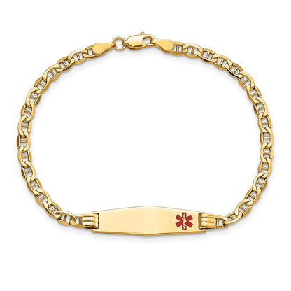 14K Yellow Gold Medical Semi Solid Chain/Solid Plate 26X7mm Soft Diamond Shape Off Center Red Enamel Anchor Link 8 Inch Id Bracelet