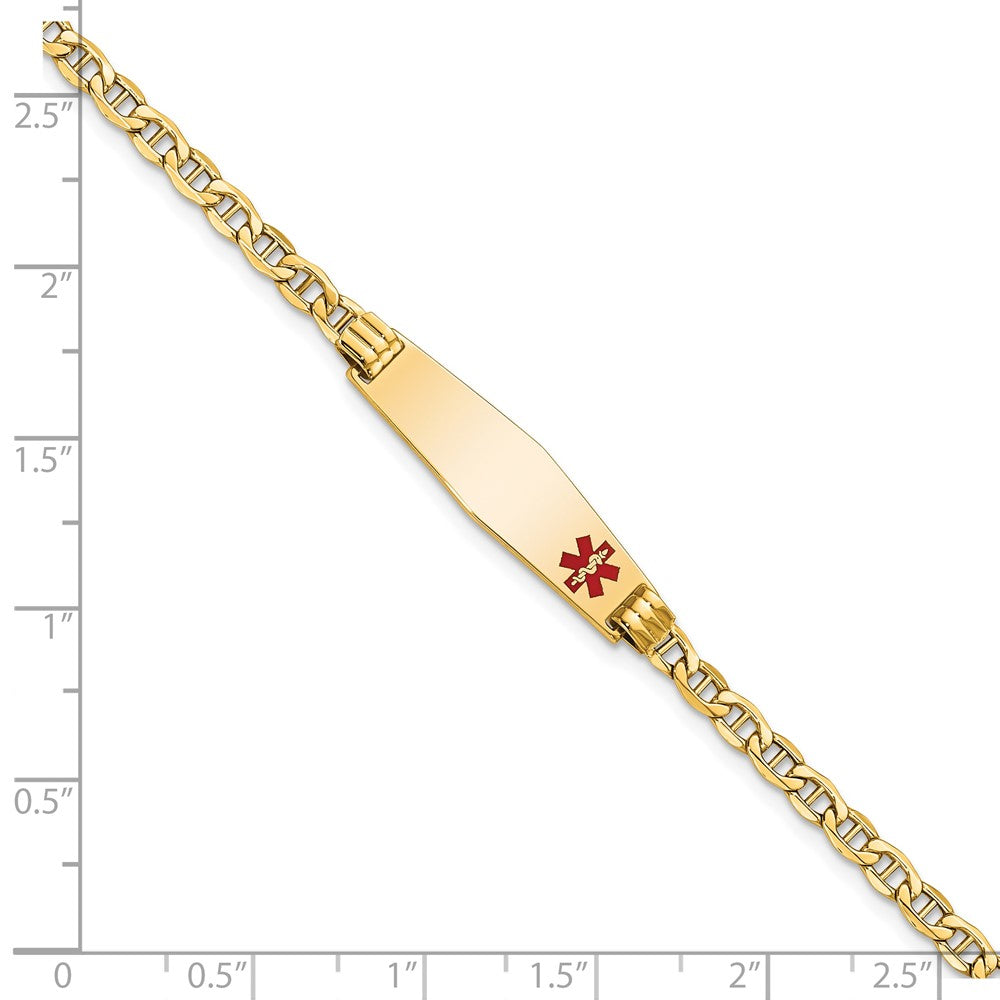 14K Yellow Gold Medical Semi Solid Chain/Solid Plate 26X7mm Soft Diamond Shape Off Center Red Enamel Anchor Link 8 Inch Id Bracelet