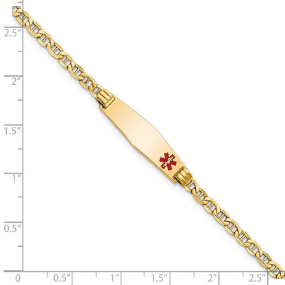 14K Yellow Gold Medical Semi Solid Chain/Solid Plate 26X7mm Soft Diamond Shape Off Center Red Enamel Anchor Link 8 Inch Id Bracelet