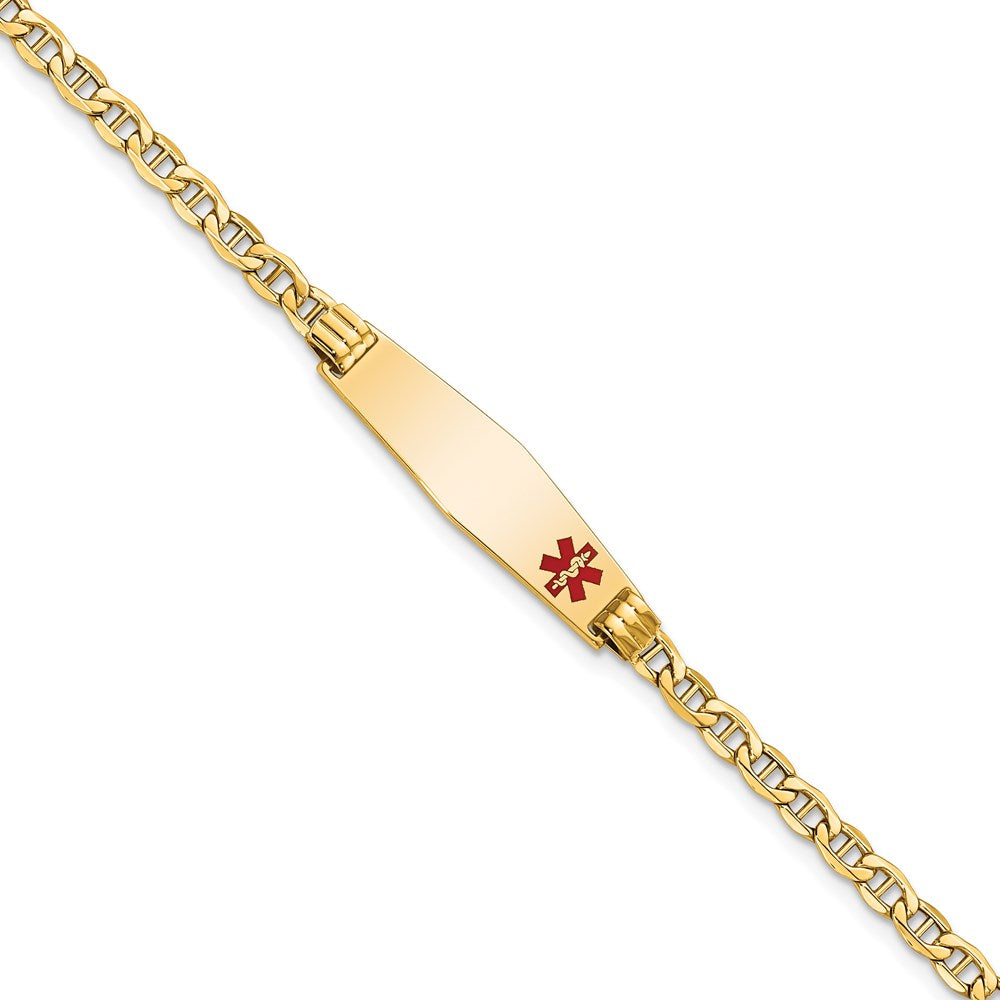 14K Yellow Gold Medical Semi Solid Chain/Solid Plate 26X7mm Soft Diamond Shape Off Center Red Enamel Anchor Link 7 Inch Id Bracelet