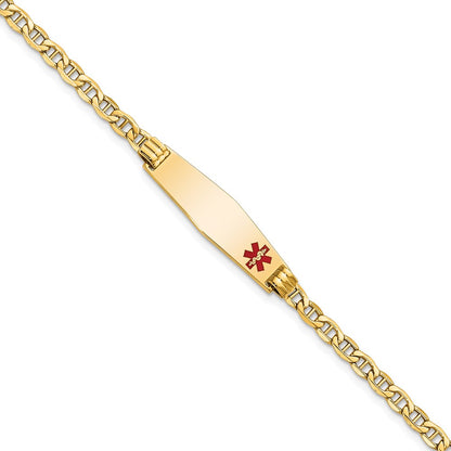 14K Yellow Gold Medical Semi Solid Chain/Solid Plate 26X7mm Soft Diamond Shape Off Center Red Enamel Anchor Link 7 Inch Id Bracelet