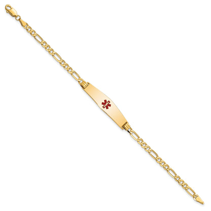 14K Yellow Gold Medical Solid Chain/Solid Plate Soft Diamond Shape 33X8mm Centered Red Enamel Flat Figaro Link 8 Inch Id Bracelet